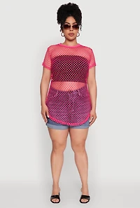 Womens Plus Size Chic Fishnet Crew Neck Tee, Pink, Size 1X