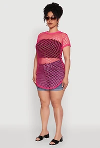 Womens Plus Size Chic Fishnet Crew Neck Tee, Pink, Size 4X