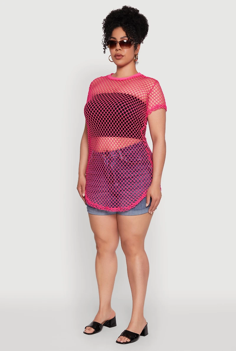 Womens Plus Size Chic Fishnet Crew Neck Tee, Pink, Size 1X