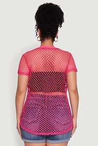 Womens Plus Size Chic Fishnet Crew Neck Tee, Pink, Size 4X