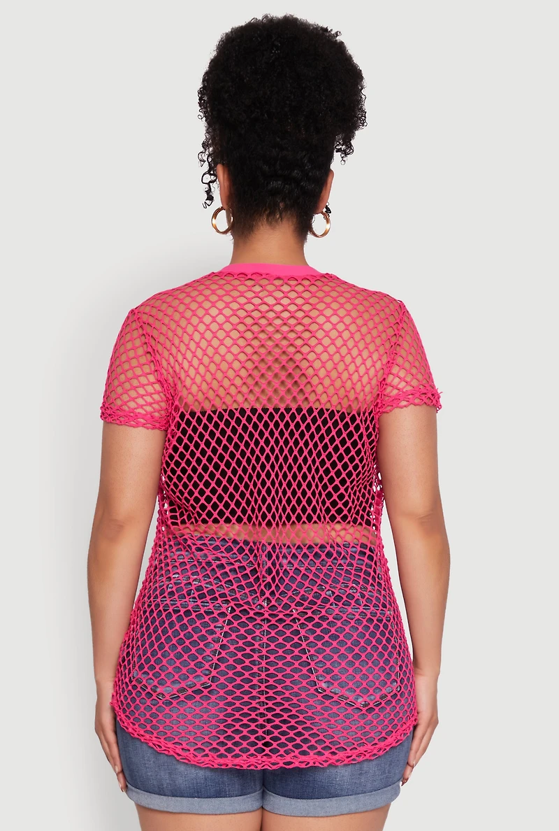 Womens Plus Size Chic Fishnet Crew Neck Tee, Pink, Size 1X