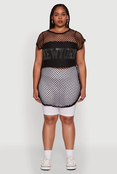 Womens Plus New York Rhinestones Fishnet Tunic Top,