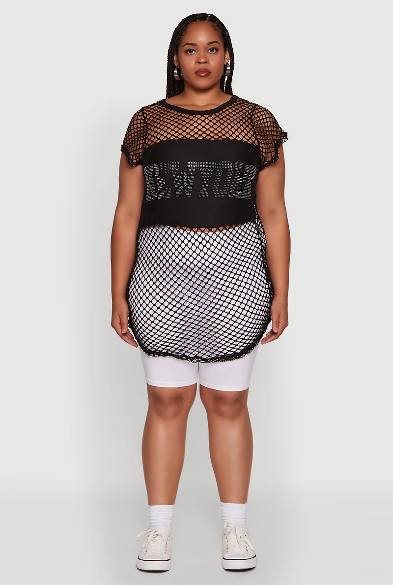 Womens Plus New York Rhinestones Fishnet Tunic Top,