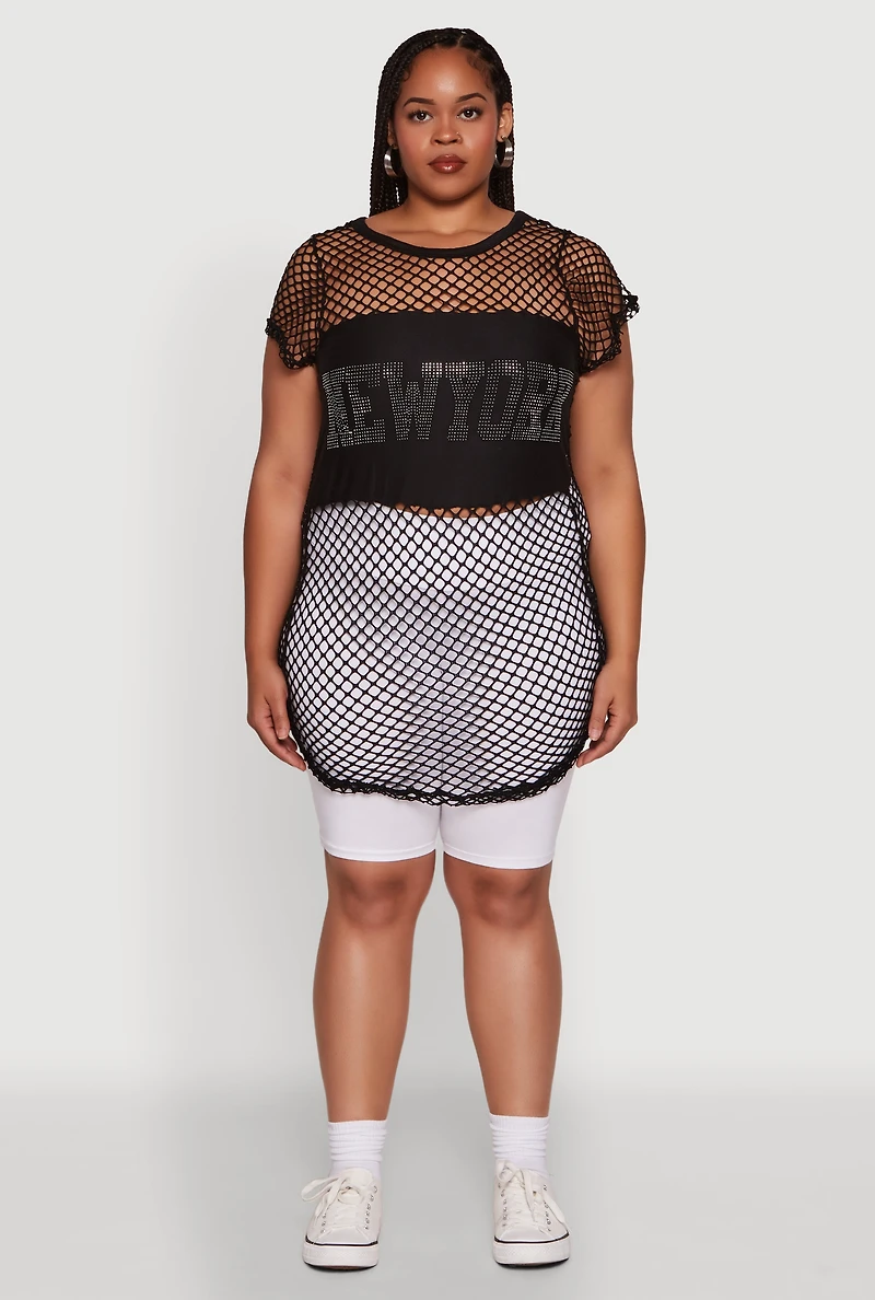 Womens Plus New York Rhinestones Fishnet Tunic Top,
