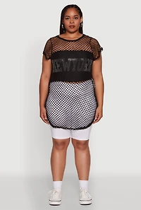 Womens Plus New York Rhinestones Fishnet Tunic Top,