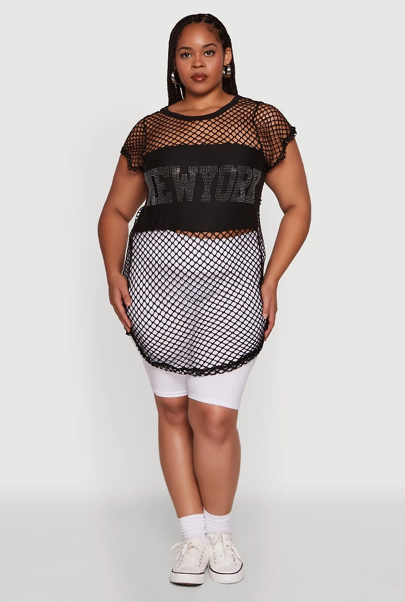 Womens Plus New York Rhinestones Fishnet Tunic Top,