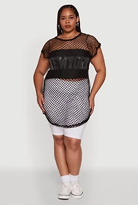 Womens Plus New York Rhinestones Fishnet Tunic Top,