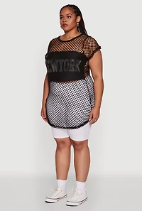 Womens Plus New York Rhinestones Fishnet Tunic Top,