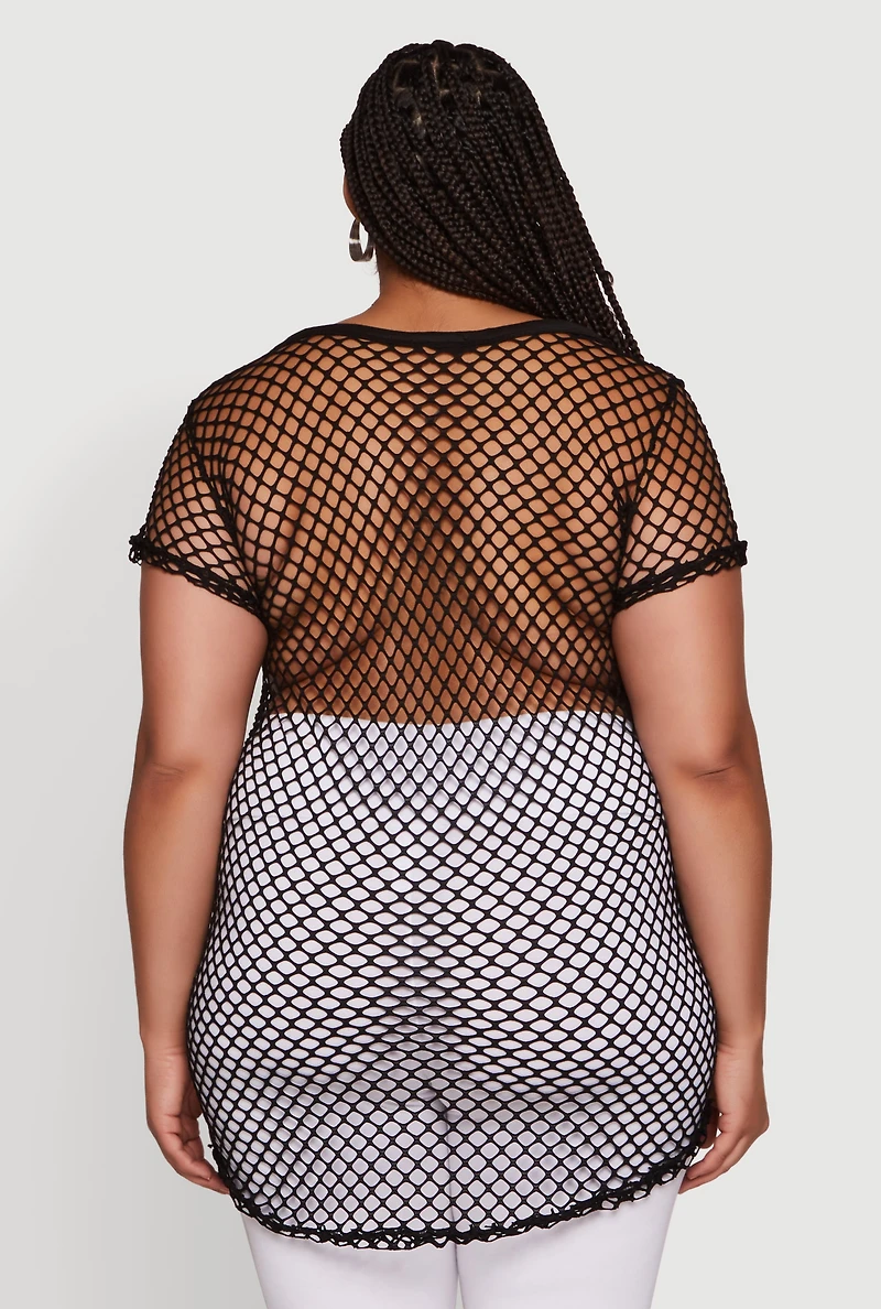 Womens Plus New York Rhinestones Fishnet Tunic Top,