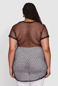 Womens Plus New York Rhinestones Fishnet Tunic Top,