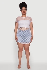 Womens Plus New York Rhinestones Fishnet Tunic Top, White,