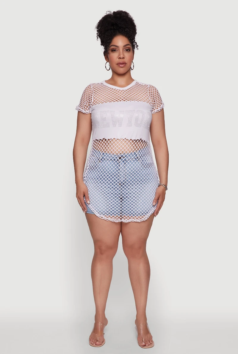 Womens Plus Size New York Rhinestones Fishnet Tunic Top, White, Size 1X
