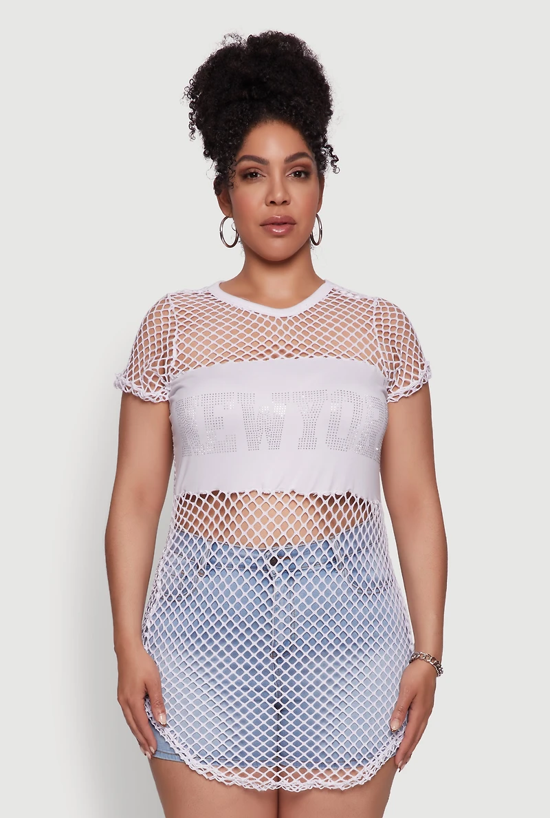 Womens Plus New York Rhinestones Fishnet Tunic Top, White,