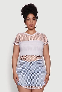 Womens Plus New York Rhinestones Fishnet Tunic Top, White,