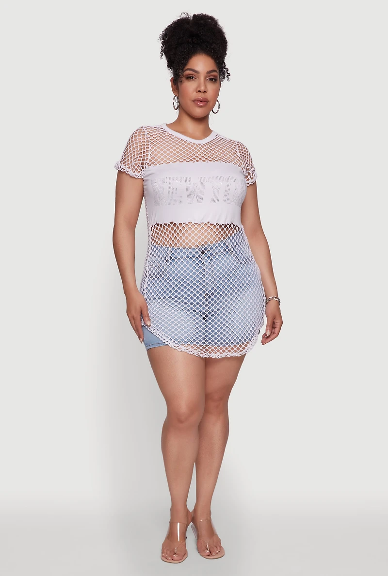 Womens Plus Size New York Rhinestones Fishnet Tunic Top, White, Size 1X
