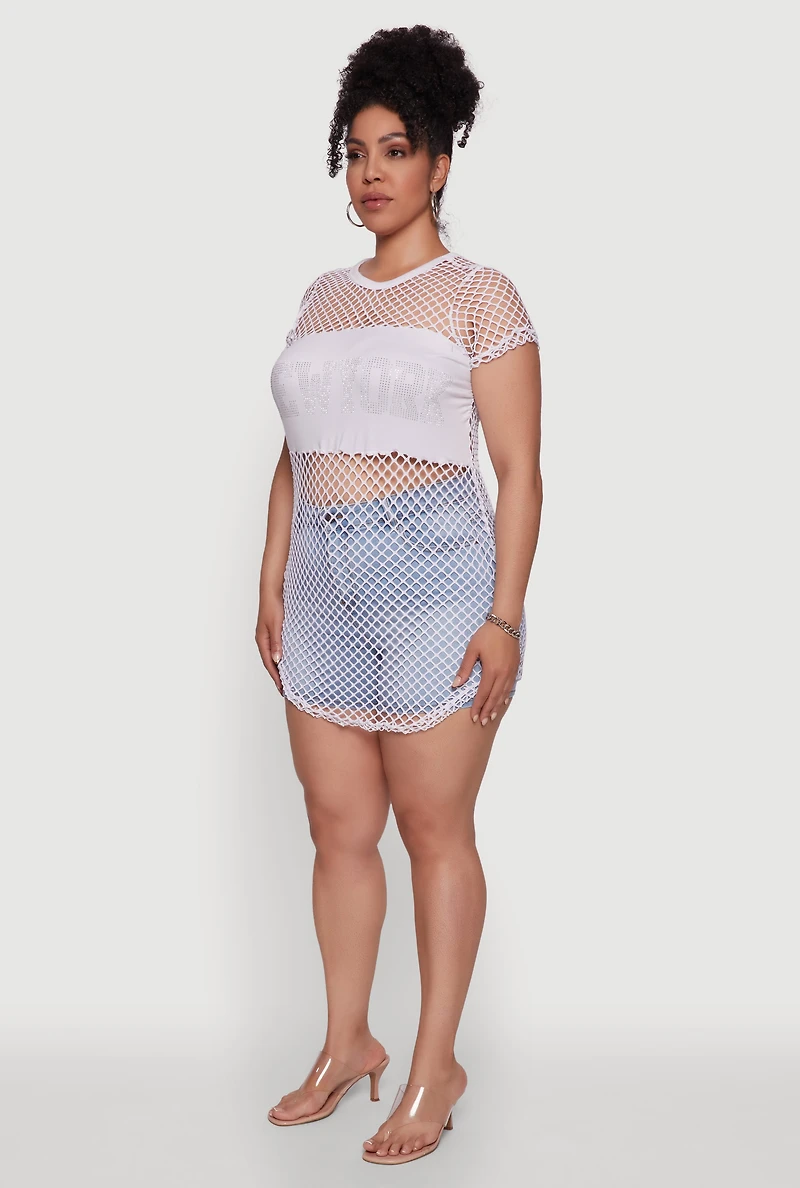 Womens Plus New York Rhinestones Fishnet Tunic Top, White,