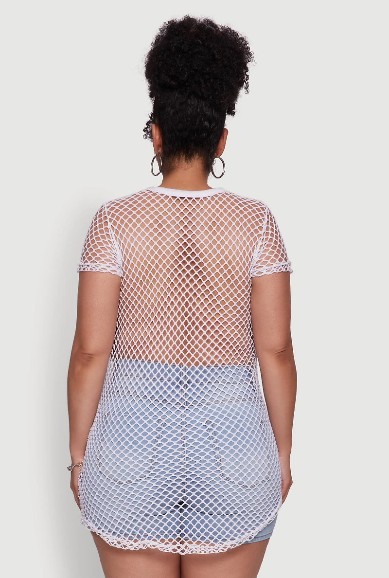 Womens Plus Size New York Rhinestones Fishnet Tunic Top, White, Size 1X
