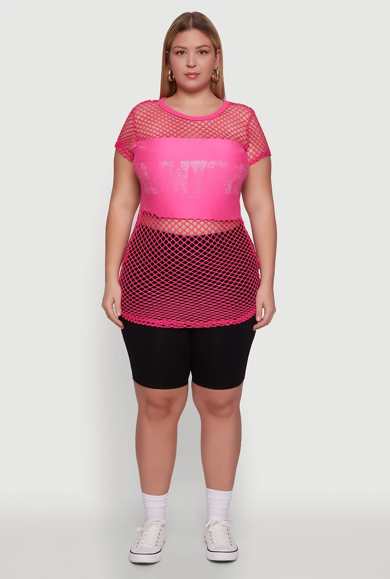 Womens Plus New York Rhinestones Fishnet Tunic Top,
