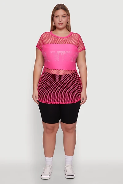 Womens Plus New York Rhinestones Fishnet Tunic Top,