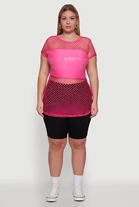 Womens Plus New York Rhinestones Fishnet Tunic Top,