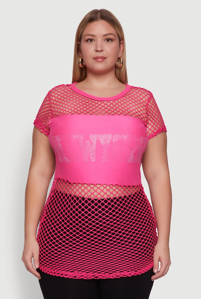 Womens Plus Size New York Rhinestones Fishnet Tunic Top, Pink, Size 4X