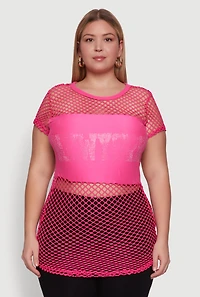 Womens Plus Size New York Rhinestones Fishnet Tunic Top, Pink, Size 4X
