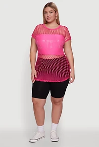 Womens Plus New York Rhinestones Fishnet Tunic Top,