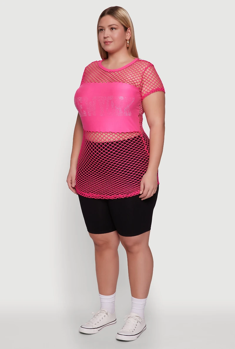 Womens Plus New York Rhinestones Fishnet Tunic Top, 4X