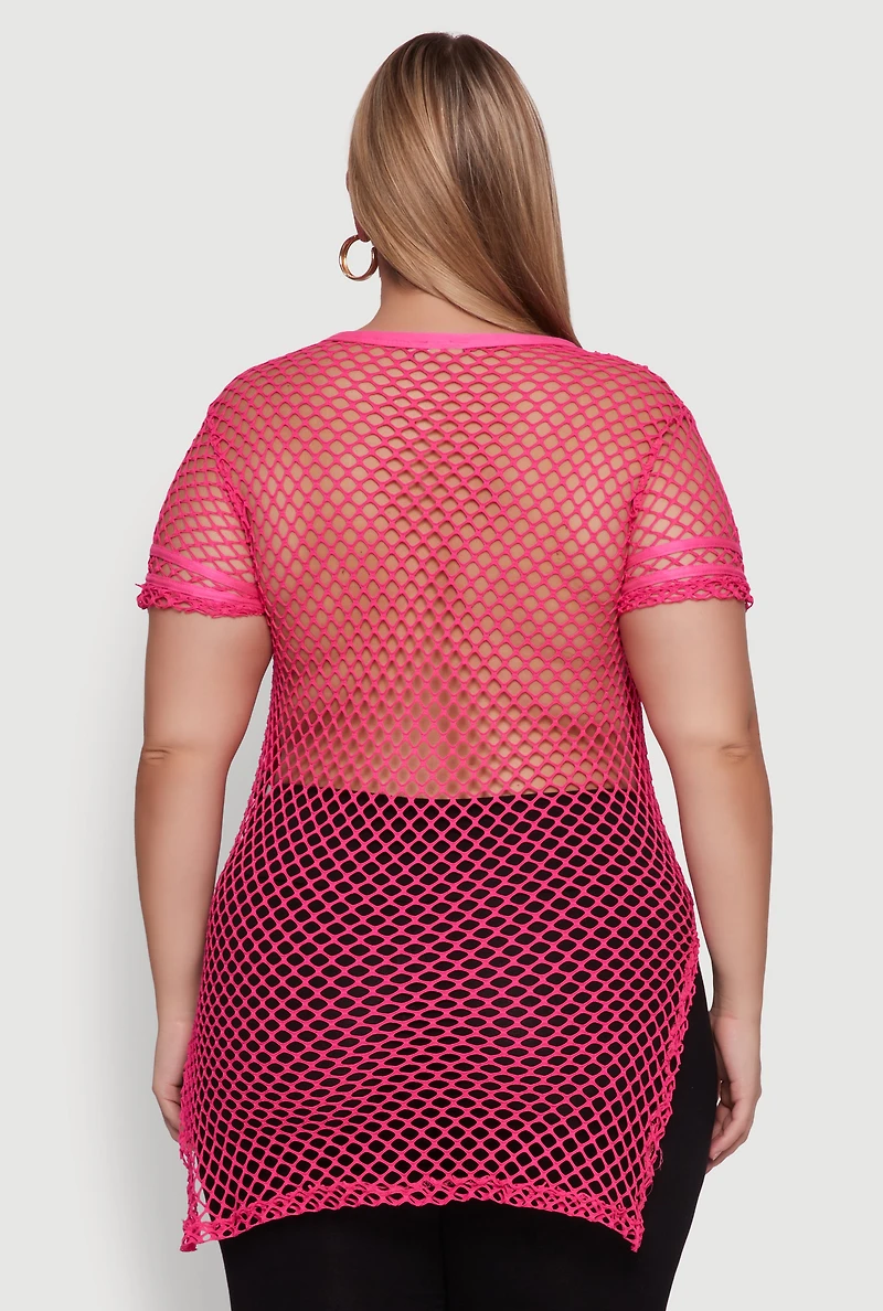 Womens Plus Size New York Rhinestones Fishnet Tunic Top, Pink, Size 4X