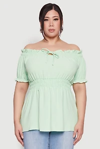 Womens Plus Size Off the Shoulder Peplum Top, Green, Size 1X