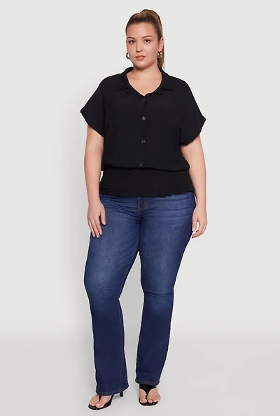 Womens Plus Size Smocked Hem Button Front Top, Black, Size 1X