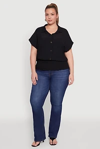 Womens Plus Size Smocked Hem Button Front Top, Black, Size 1X