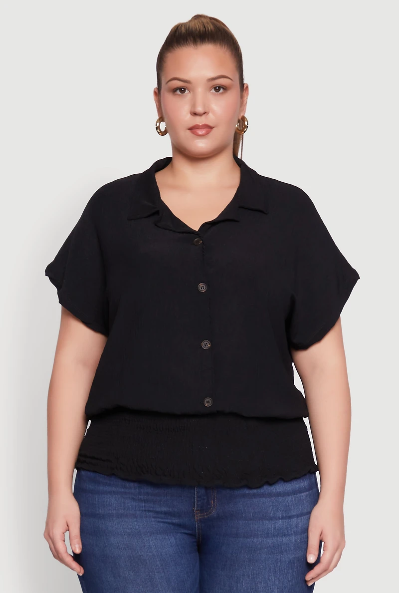 Womens Plus Size Smocked Hem Button Front Top, Black, Size 3X