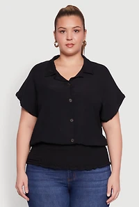 Womens Plus Size Smocked Hem Button Front Top, Black, Size 3X