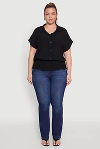 Womens Plus Size Smocked Hem Button Front Top, Black, Size 3X