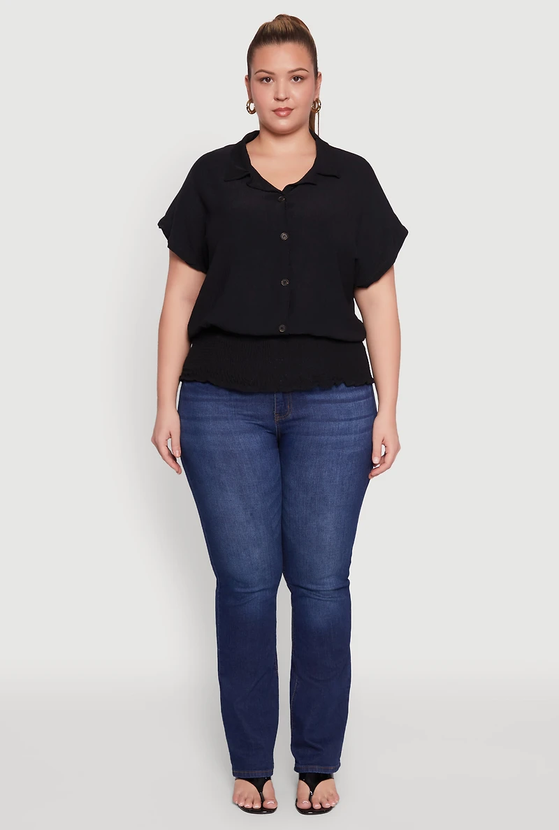 Womens Plus Size Smocked Hem Button Front Top, Black, Size 1X