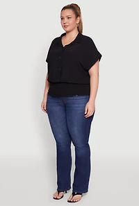 Womens Plus Size Smocked Hem Button Front Top, Black, Size 1X