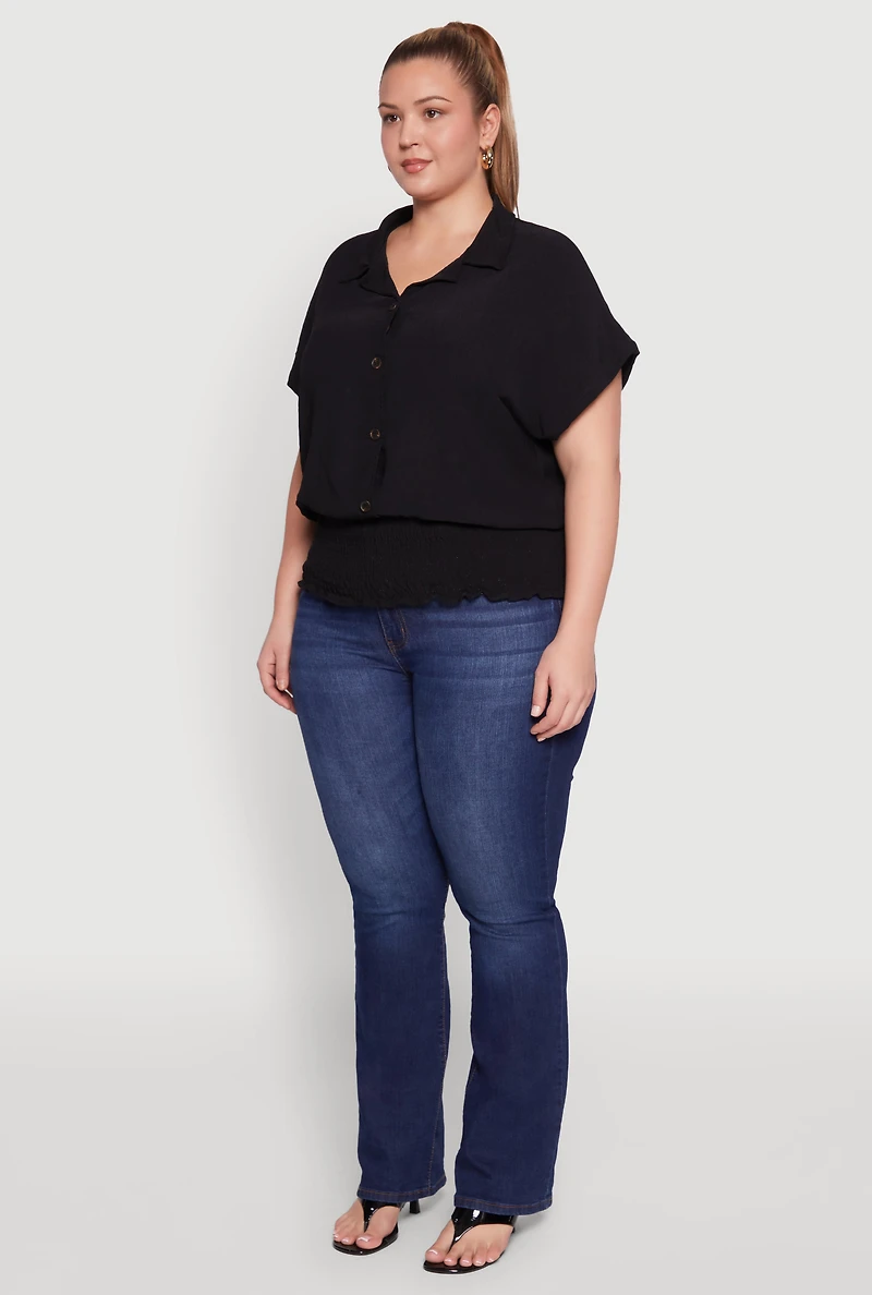 Plus Smocked Hem Button Front Top