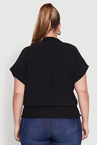 Womens Plus Size Smocked Hem Button Front Top, Black, Size 1X
