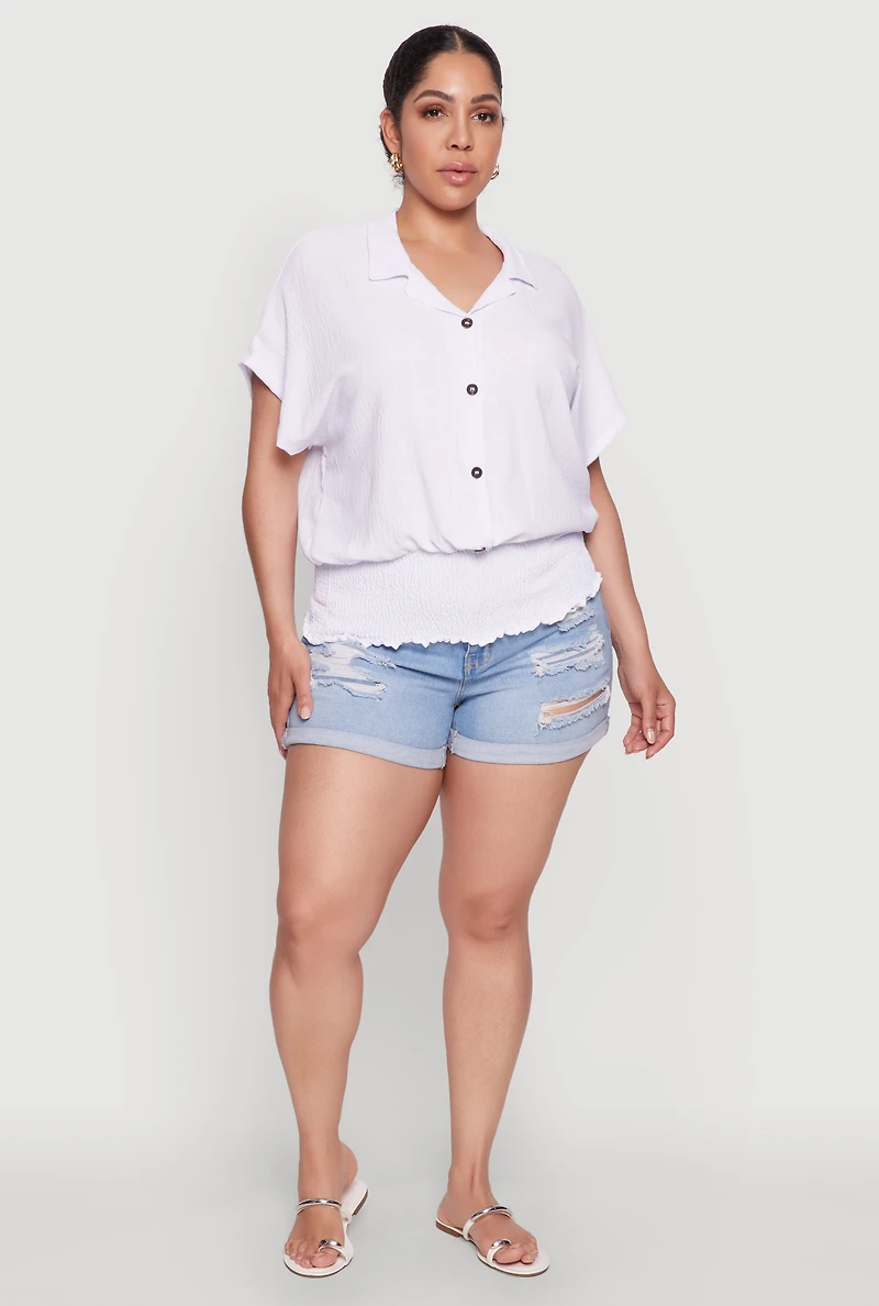 Womens Plus Size Smocked Hem Button Front Top, White, Size 3X