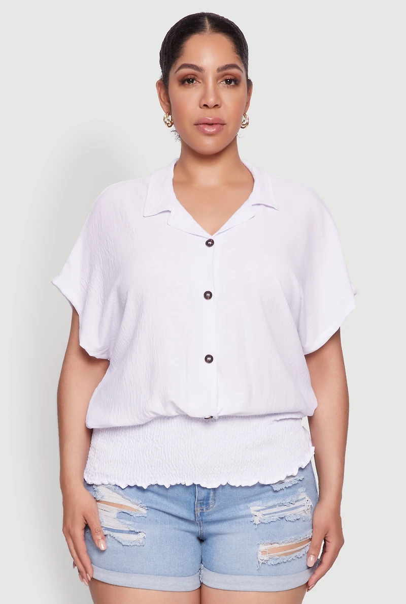 Womens Plus Size Smocked Hem Button Front Top, White, Size 3X