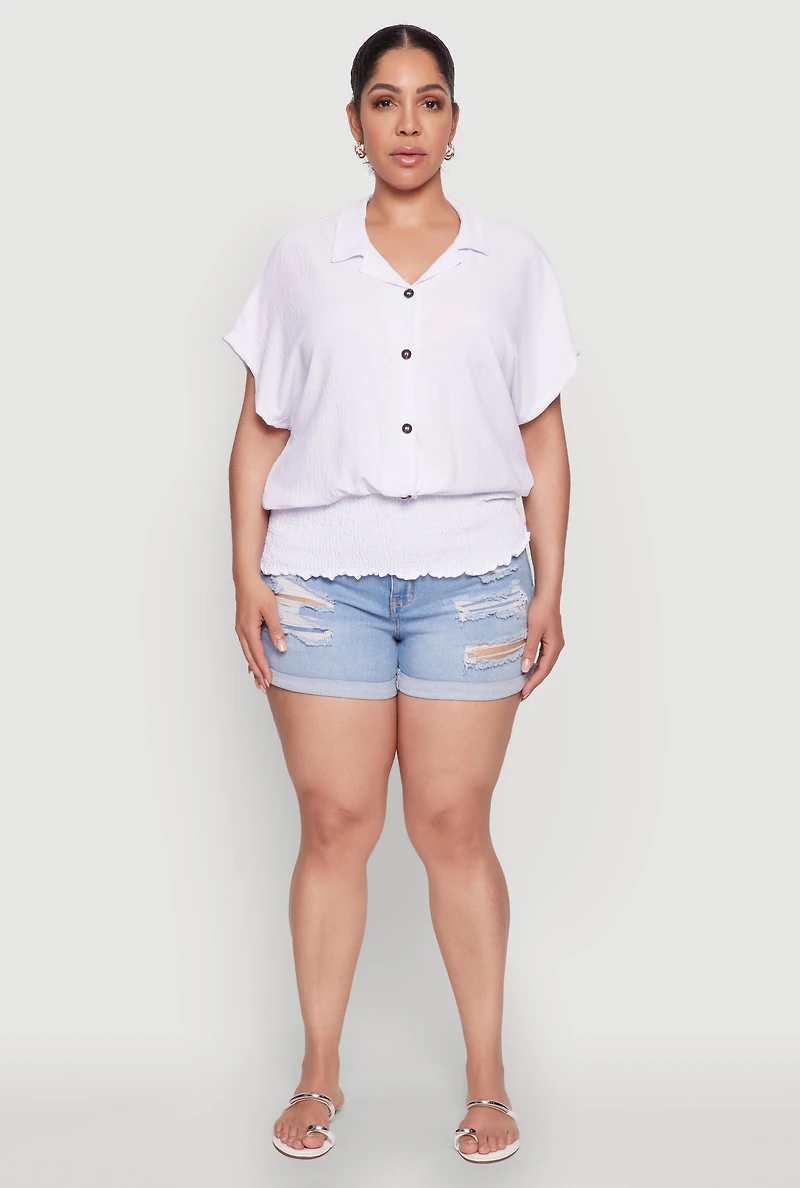 Womens Plus Size Smocked Hem Button Front Top, White, Size 3X