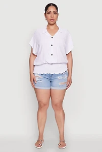 Womens Plus Size Smocked Hem Button Front Top, White, Size 3X