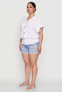 Womens Plus Size Smocked Hem Button Front Top, White, Size 3X