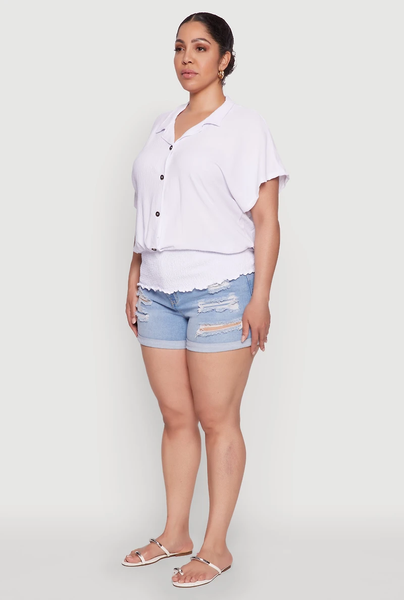 Plus Smocked Hem Button Front Top