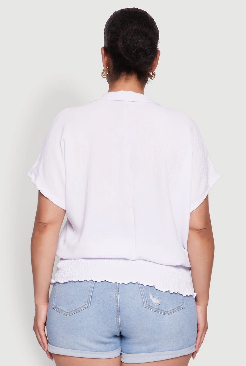 Womens Plus Size Smocked Hem Button Front Top, White, Size 3X