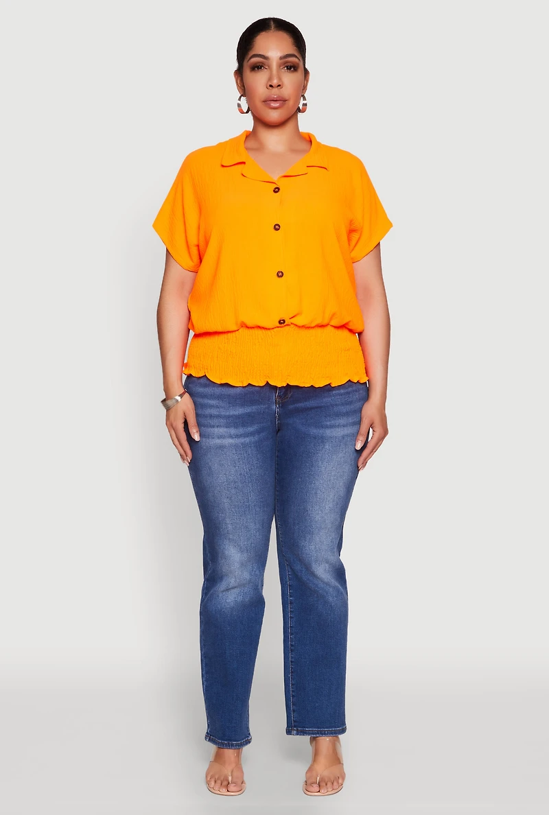 Womens Plus Size Smocked Hem Button Front Top, Orange, Size 3X