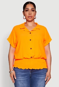 Womens Plus Smocked Hem Button Front Top,