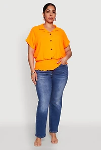 Womens Plus Smocked Hem Button Front Top,
