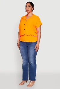 Womens Plus Smocked Hem Button Front Top,